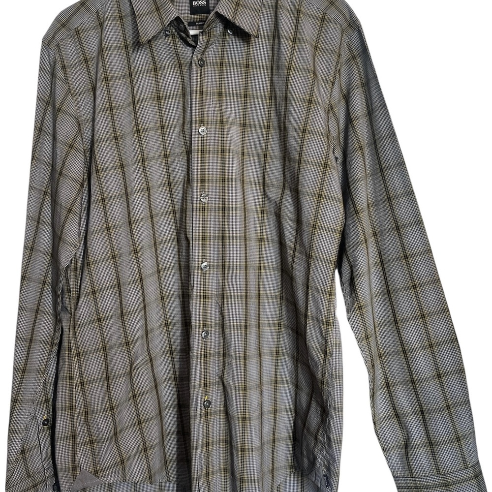 BOSS Hugo Boss Long Sleeve Button Down Sz Large Shirt Slim Fit Gray with Plaid